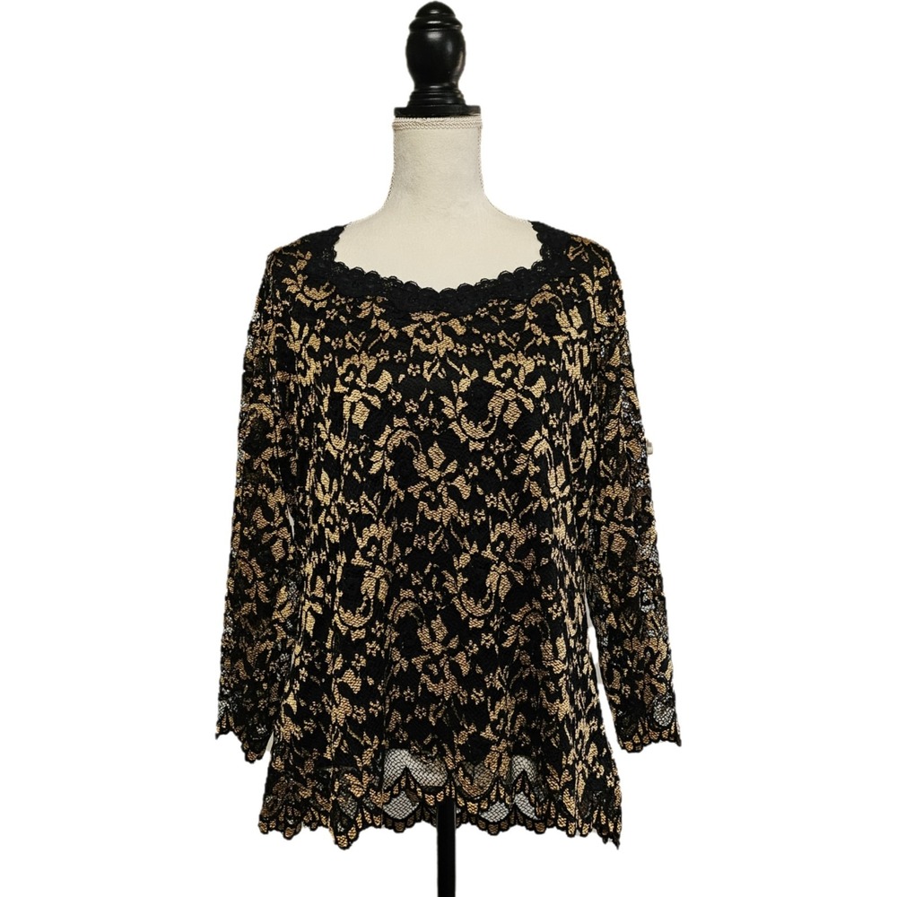 Coldwater Creek Black & Gold Lace Scalloped Hem Top Size XL Whimsigoth Romantic - Picture 1 of 7